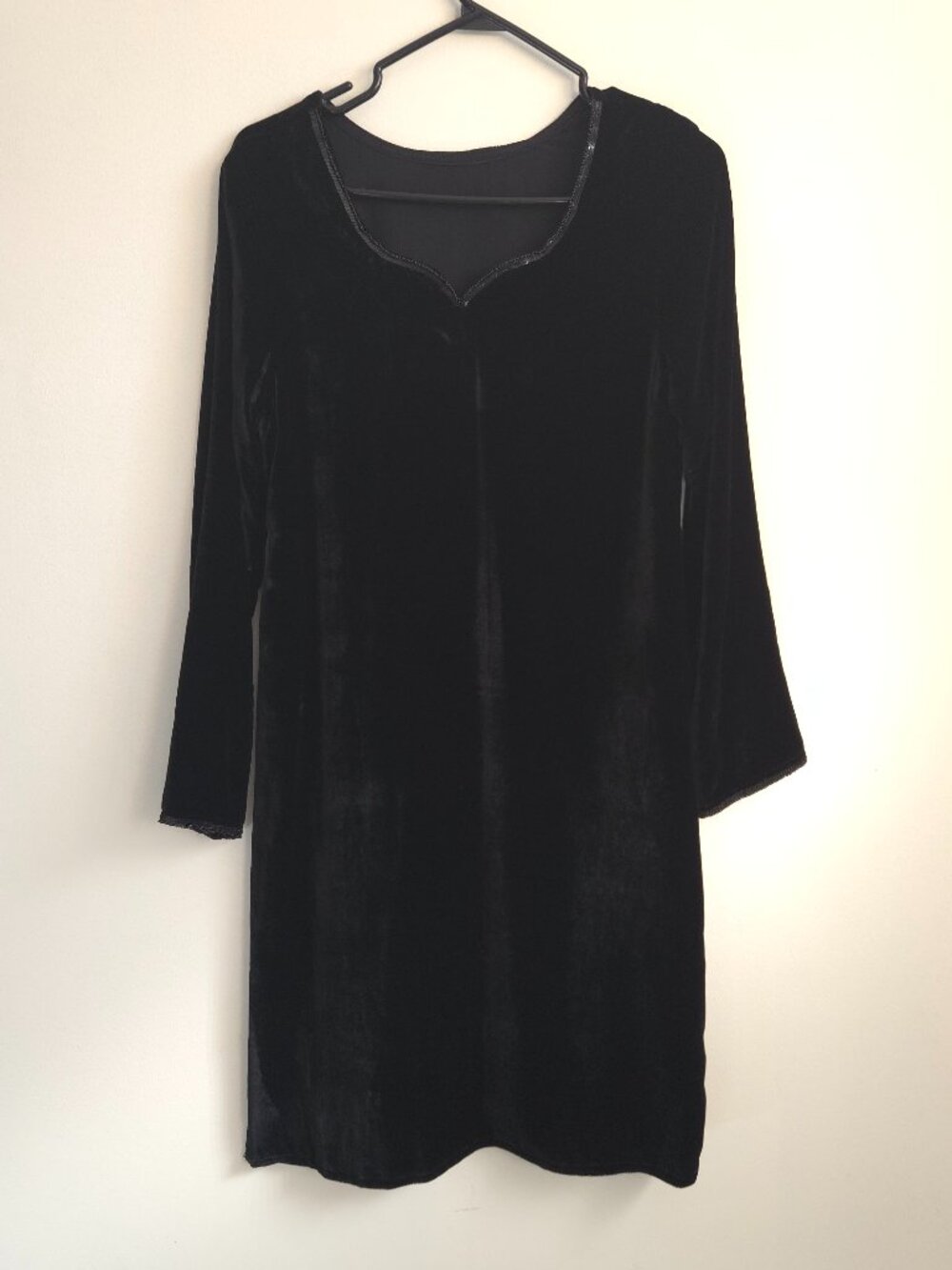 Vintage custom-tailored Black Velvet Sequin Beaded Trim Tunic Dress Side Slits